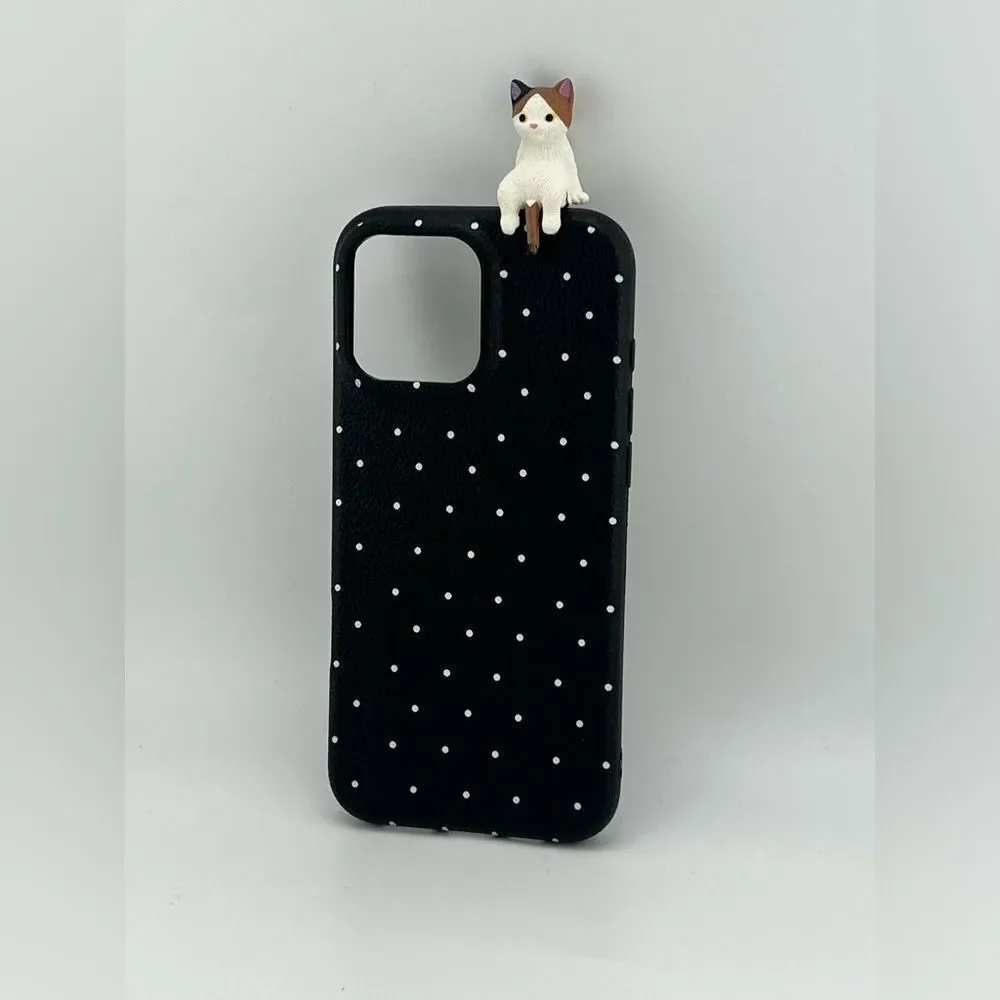 iPhone 16 Pro Max Case – Polka Dot Black with 3D Cat | Cute & Protective